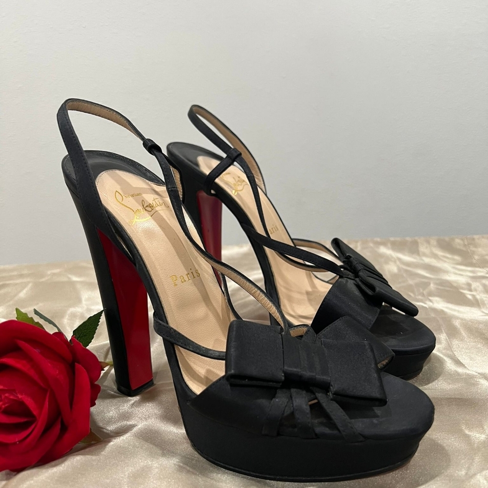 Christian Louboutin Satin Bow Slingback Platform Heels - Picture 3 of 12
